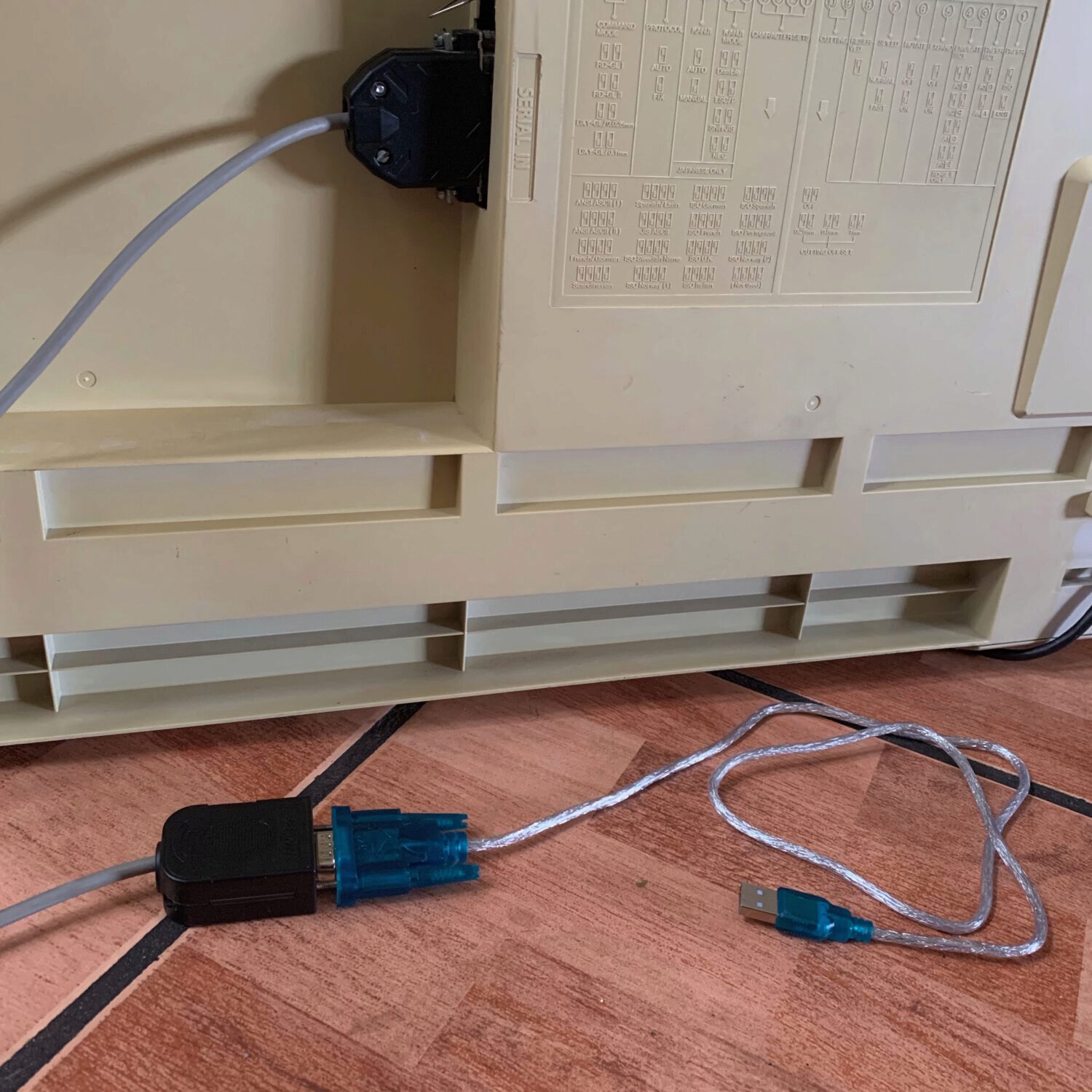 How the connection between the DB25 to DB9 adapter and the USB to serial adapter looked like