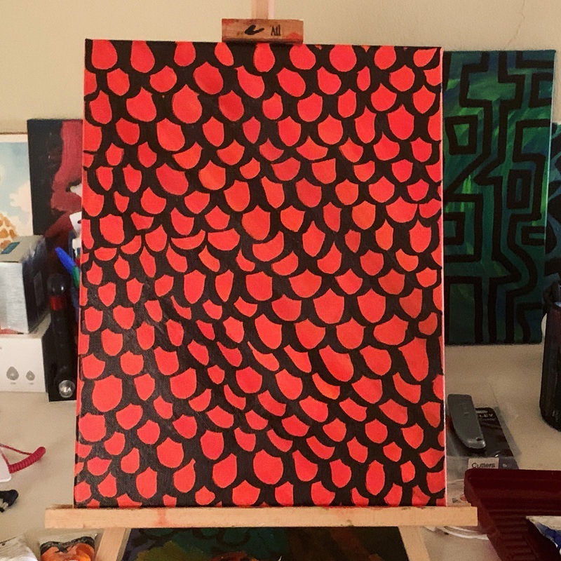 One of the many paintings I did over the pandemic. An infinity net over a red background."