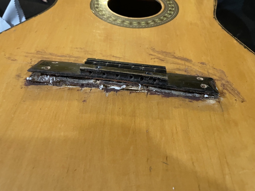 A closeup of the guitar's lifted bridge