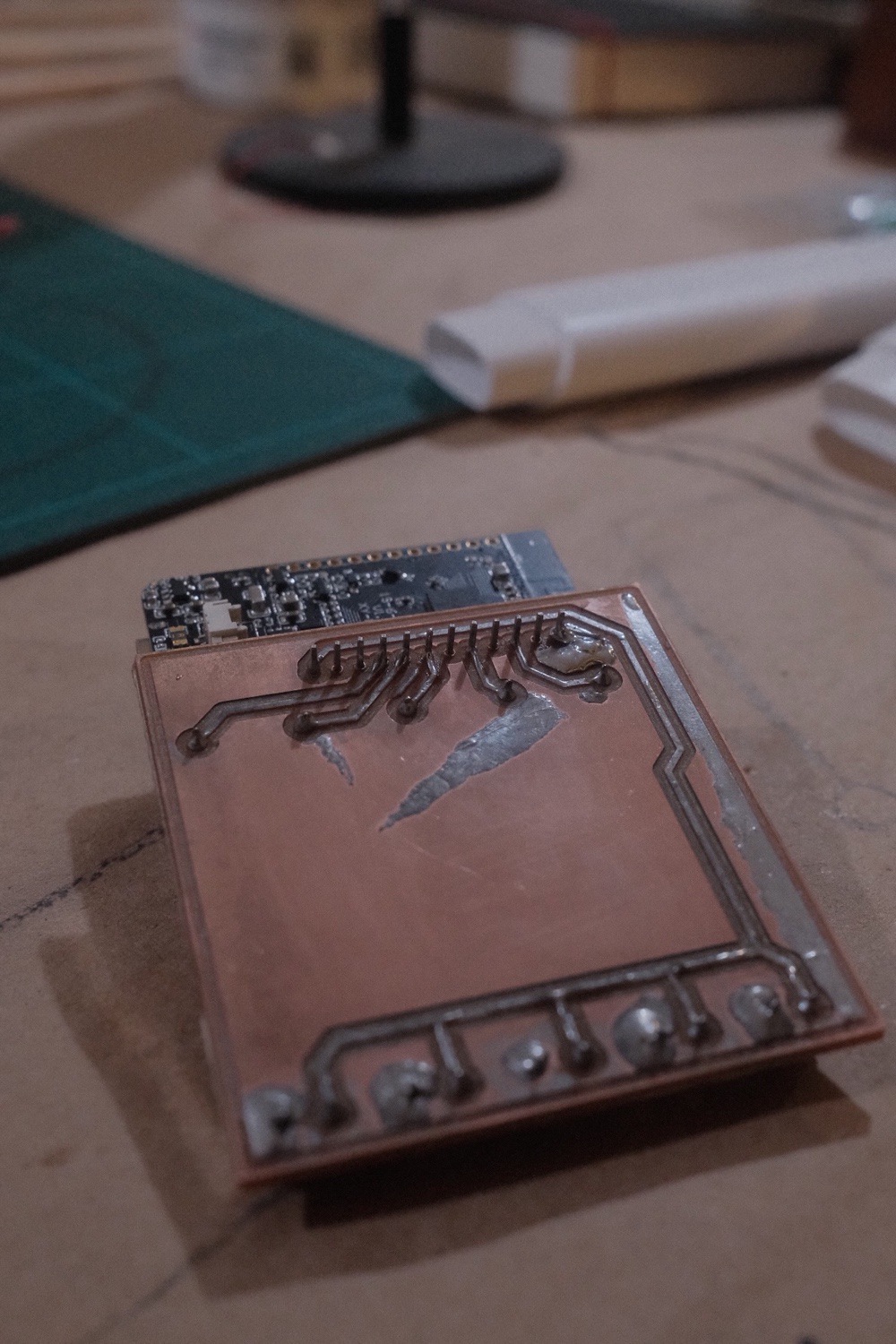 The PCB now soldered." 